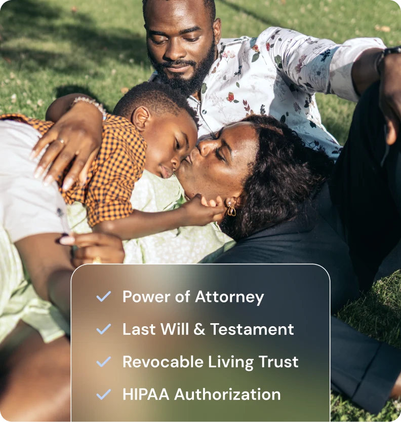 A checklist of items that are included in Trust & Will Estate / crypto plans, such as: "Power of Attorney", "Last Will & Testament", "Revocable Living Trust", and "HIPAA Authorization".